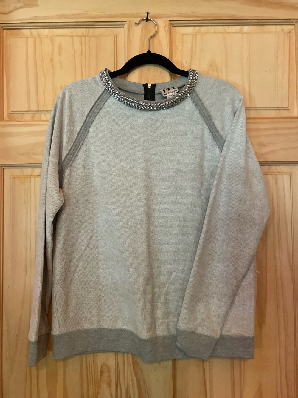 HAUTE HIPPIE Embellished Crewneck Sweatshirt in Light Gray